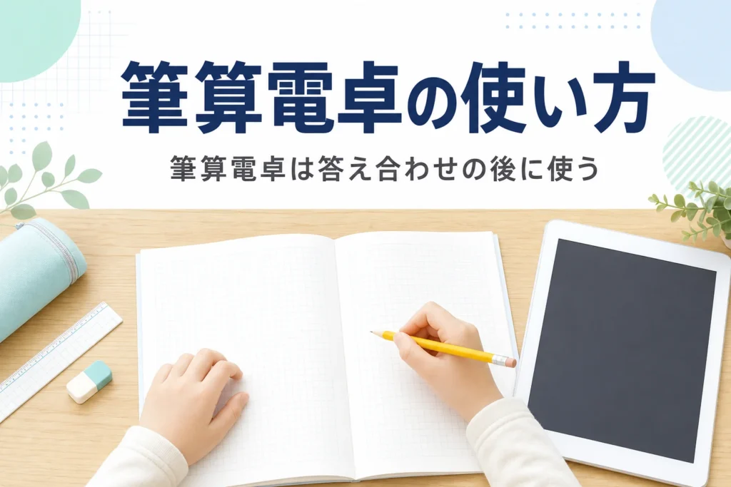 方眼ノートとタブレットが置かれた机と子どもの手元と、筆算電卓の使い方を紹介する記事タイトル