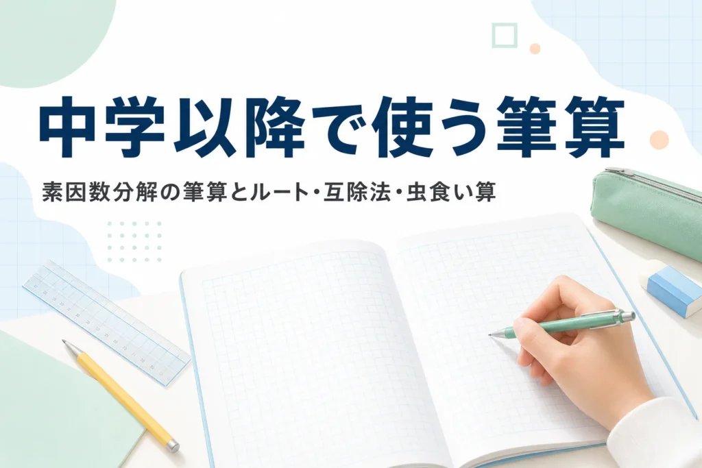 方眼ノートとシャープペンシルを持つ手元に、素因数分解の筆算など中学以降で使う筆算を紹介する記事タイトル