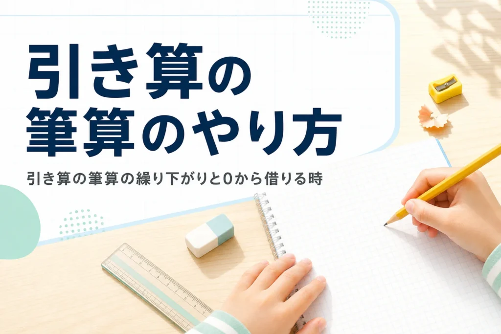 机の上の方眼ノートと鉛筆を持つ子どもの手元と、引き算の筆算のやり方を紹介する記事タイトル