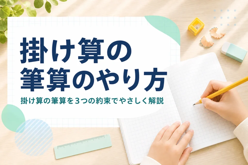 机の上の方眼ノートと鉛筆を持つ子どもの手元と、掛け算の筆算のやり方を紹介する記事タイトル