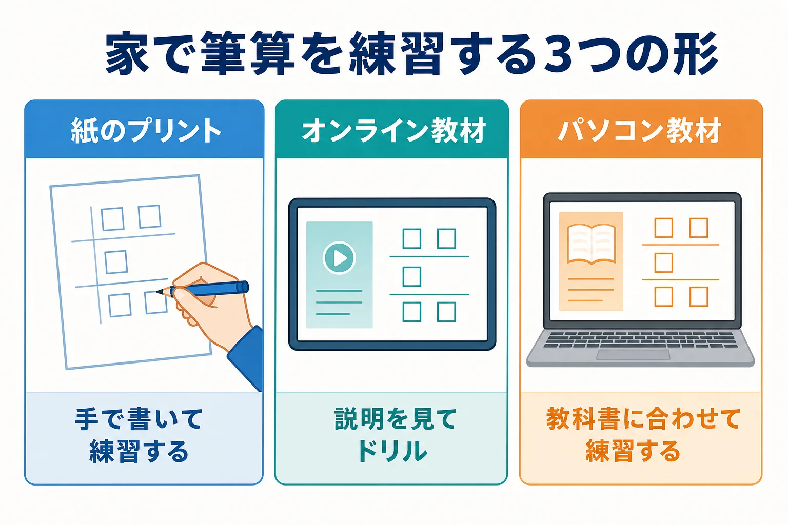 筆算の家庭学習教材を紙のプリント・オンライン教材・パソコン教材の3つに分けた図解