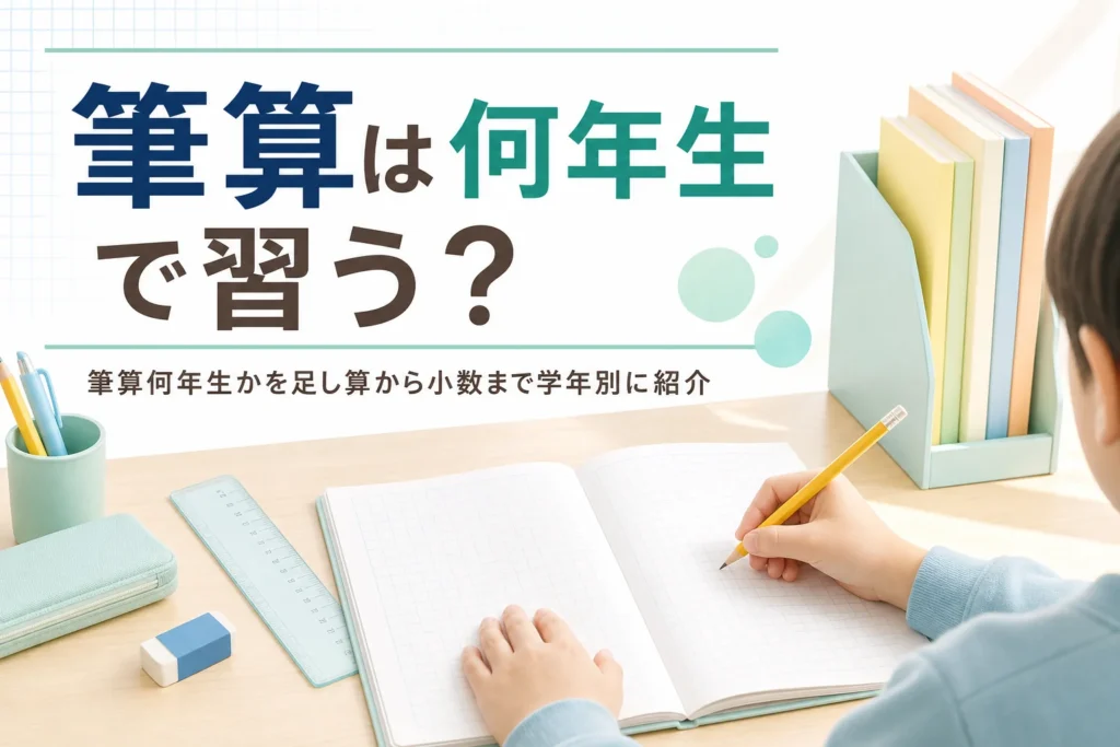 学習机で方眼ノートに向かう子どもの手元と、筆算を何年生で習うかを紹介する記事タイトル