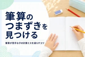 方眼ノートの前で鉛筆を持って考える子どもの手元と、筆算が苦手な子のつまずきを紹介する記事タイトル