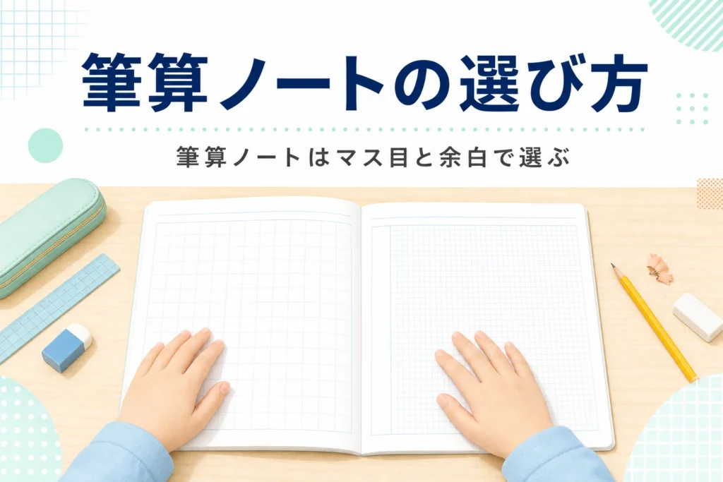 机の上に並んだ方眼ノートと鉛筆と、筆算ノートの選び方を紹介する記事タイトル