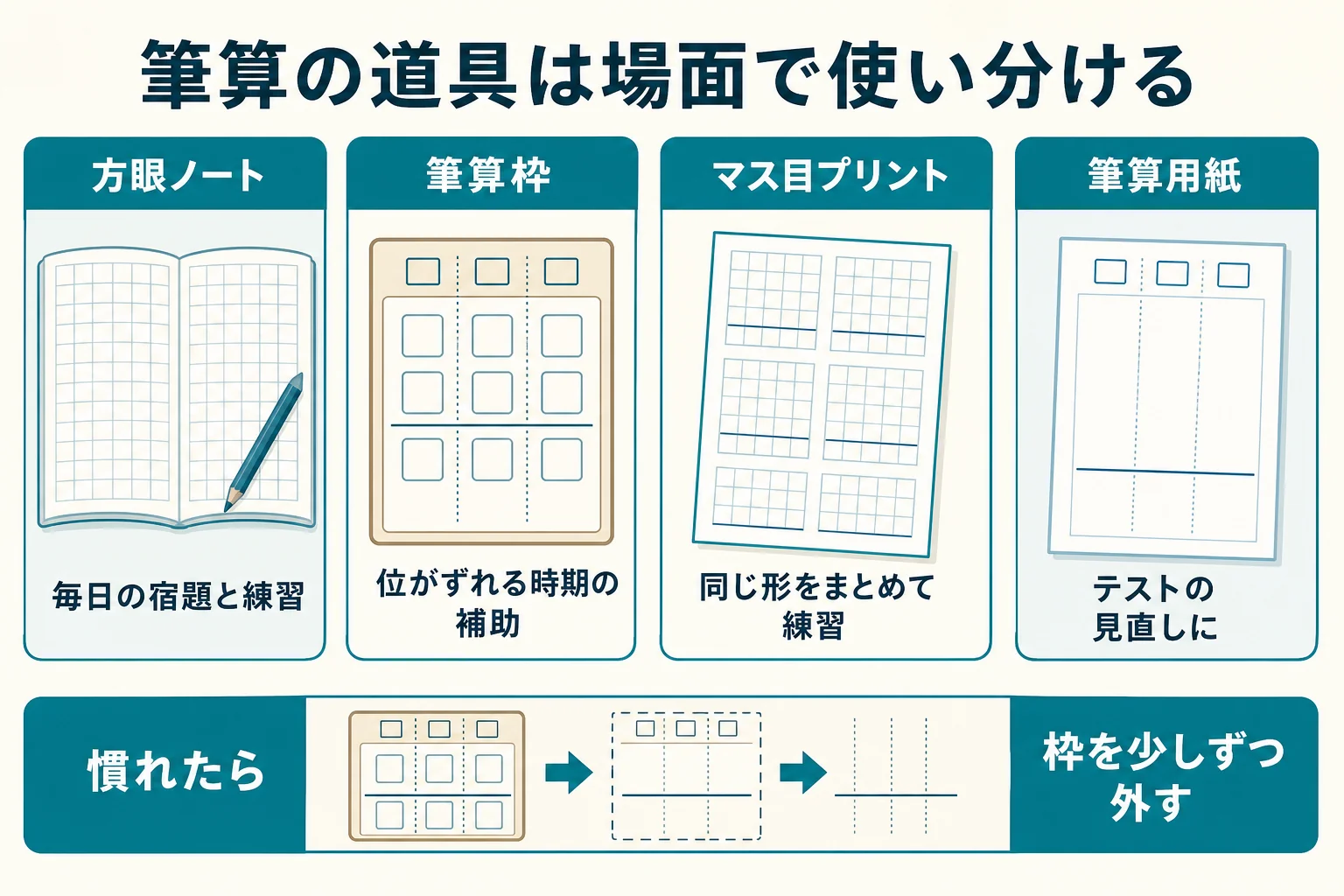 方眼ノート・筆算枠・マス目プリント・筆算用紙を場面で使い分ける図解