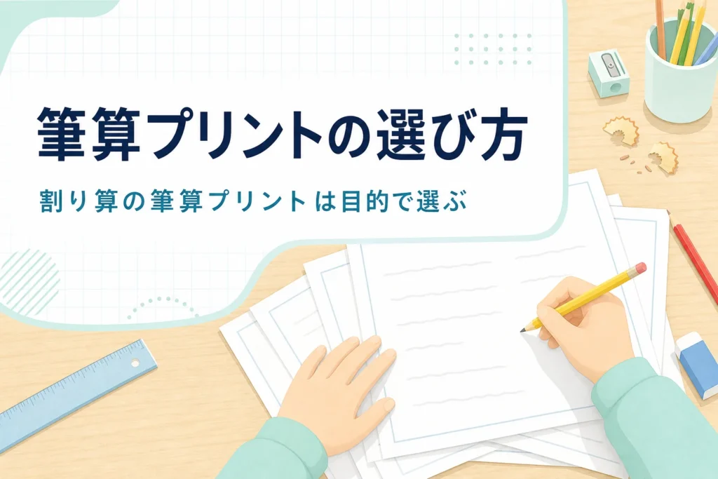 机の上に重なった練習プリントと鉛筆を持つ子どもの手元と、割り算の筆算プリントの選び方を紹介する記事タイトル