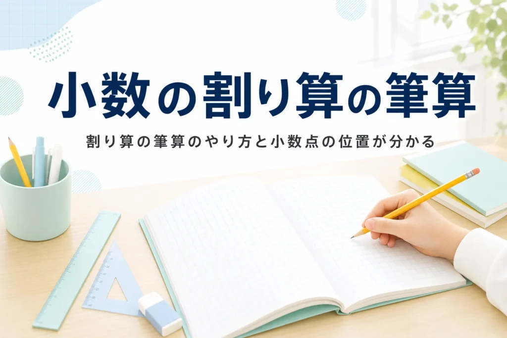 方眼ノートと鉛筆が置かれた机と、小数の割り算の筆算のやり方と小数点の位置を紹介する記事タイトル