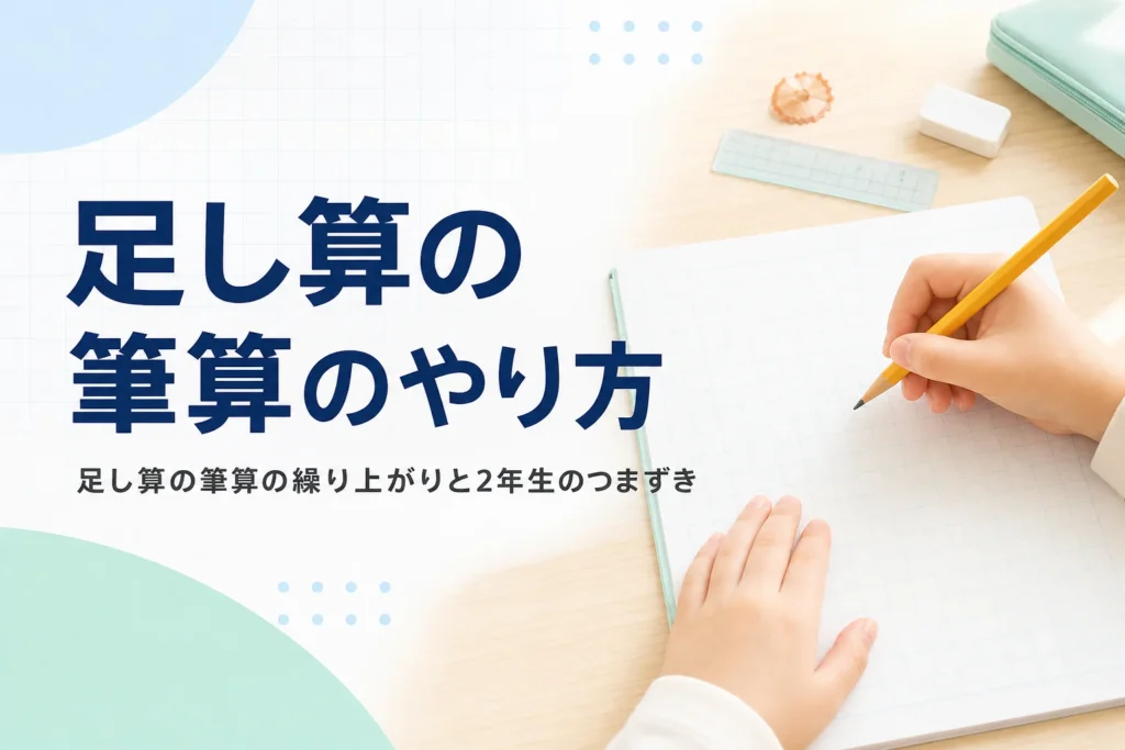 机の上の方眼ノートと鉛筆を持つ子どもの手元と、足し算の筆算のやり方を紹介する記事タイトル