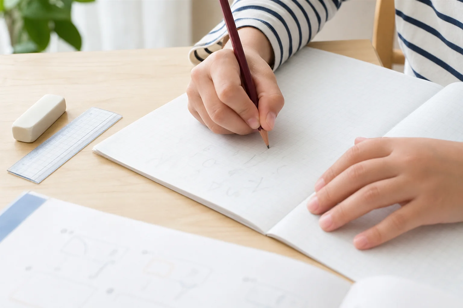 机の上で方眼ノートに足し算の筆算を書いている子どもの手元