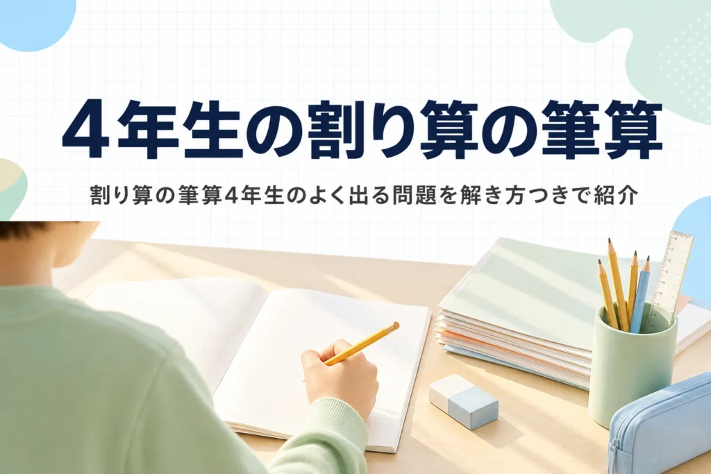 学習机で方眼ノートに向かう子どもの手元と、4年生の割り算の筆算のよく出る問題を紹介する記事タイトル