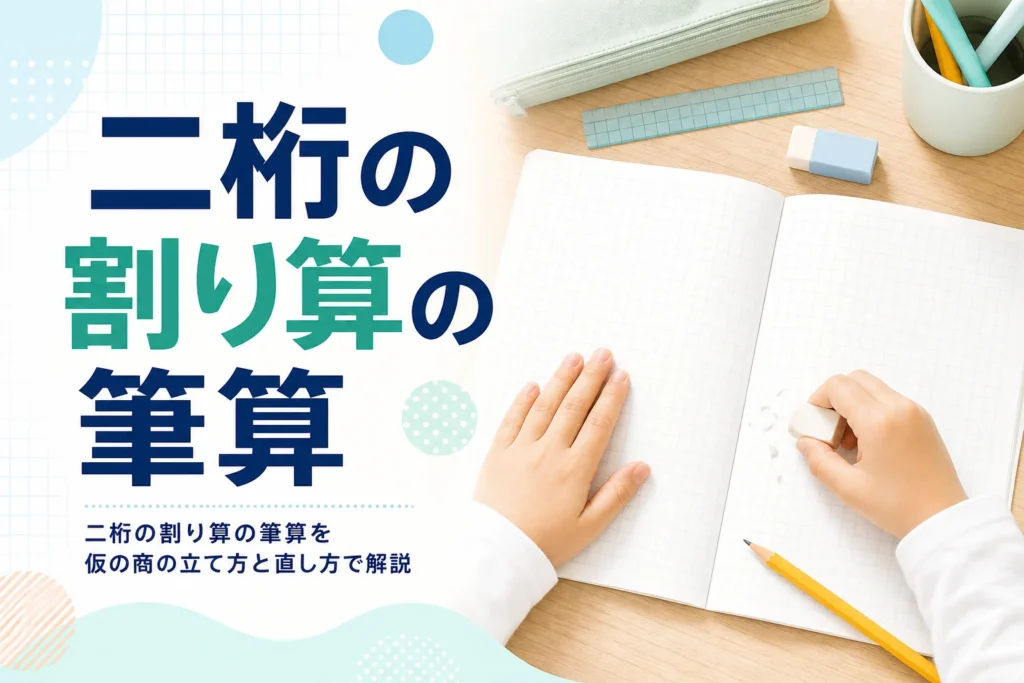 方眼ノートを消しゴムで書き直す子どもの手元と、二桁の割り算の筆算の仮の商の立て方を紹介する記事タイトル